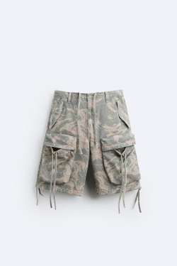 ZARA ШОРТЫ КАРГО ИЗ ТКАНИ С ЭФФЕКТОМ ПОТЕРТОСТИ И ПРИНТОМ, СЕРЫЙ