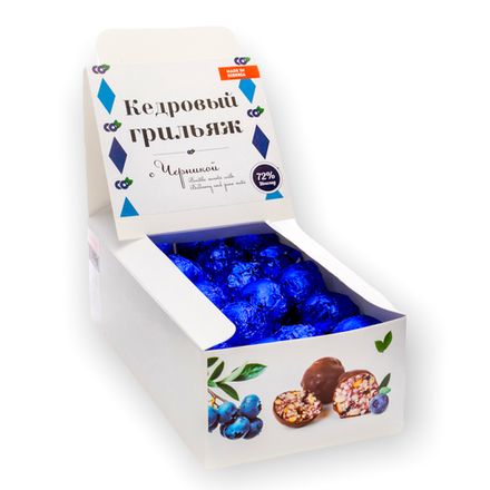Кедровый грильяж "с Черникой" / шоколад 72% / шоу-бокс / 530 гр / 39-40 шт / Солнечная Сибирь