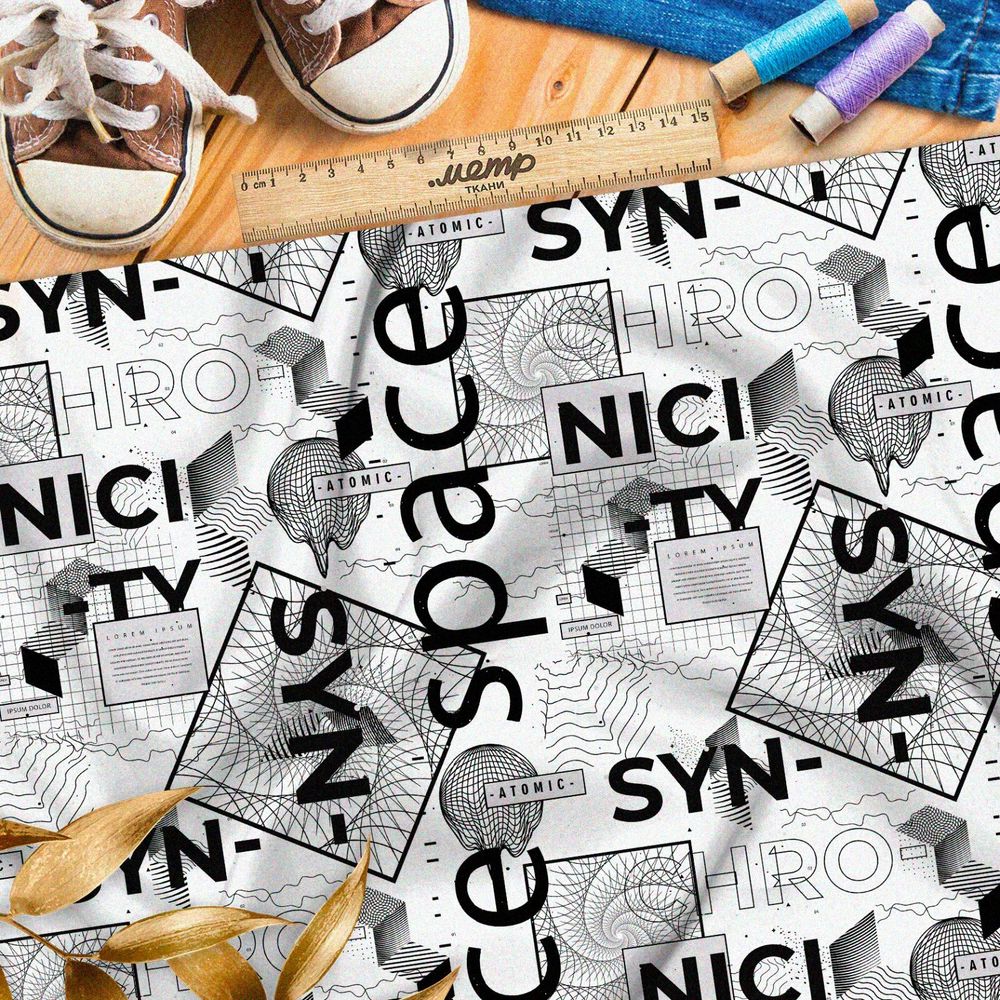 Ткань оксфорд 210 стильный цифровой коллаж на белом фоне