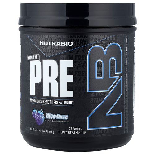 NutraBio, PRE-Workout, предтренировочный комплекс, без стимуляторов, со вкусом голубой малины, 609 г (1,34 фунта)