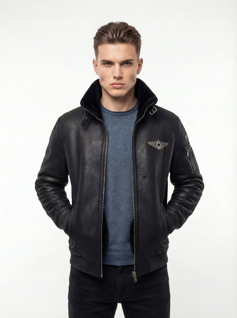 KHIMEONE Мужская дубленка-пилот из натуральной овчины (Premium Quality)