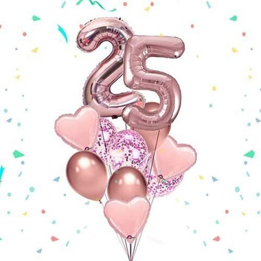 Композиция из шаров розовое золото с сердцами и цифрами на 25 лет
