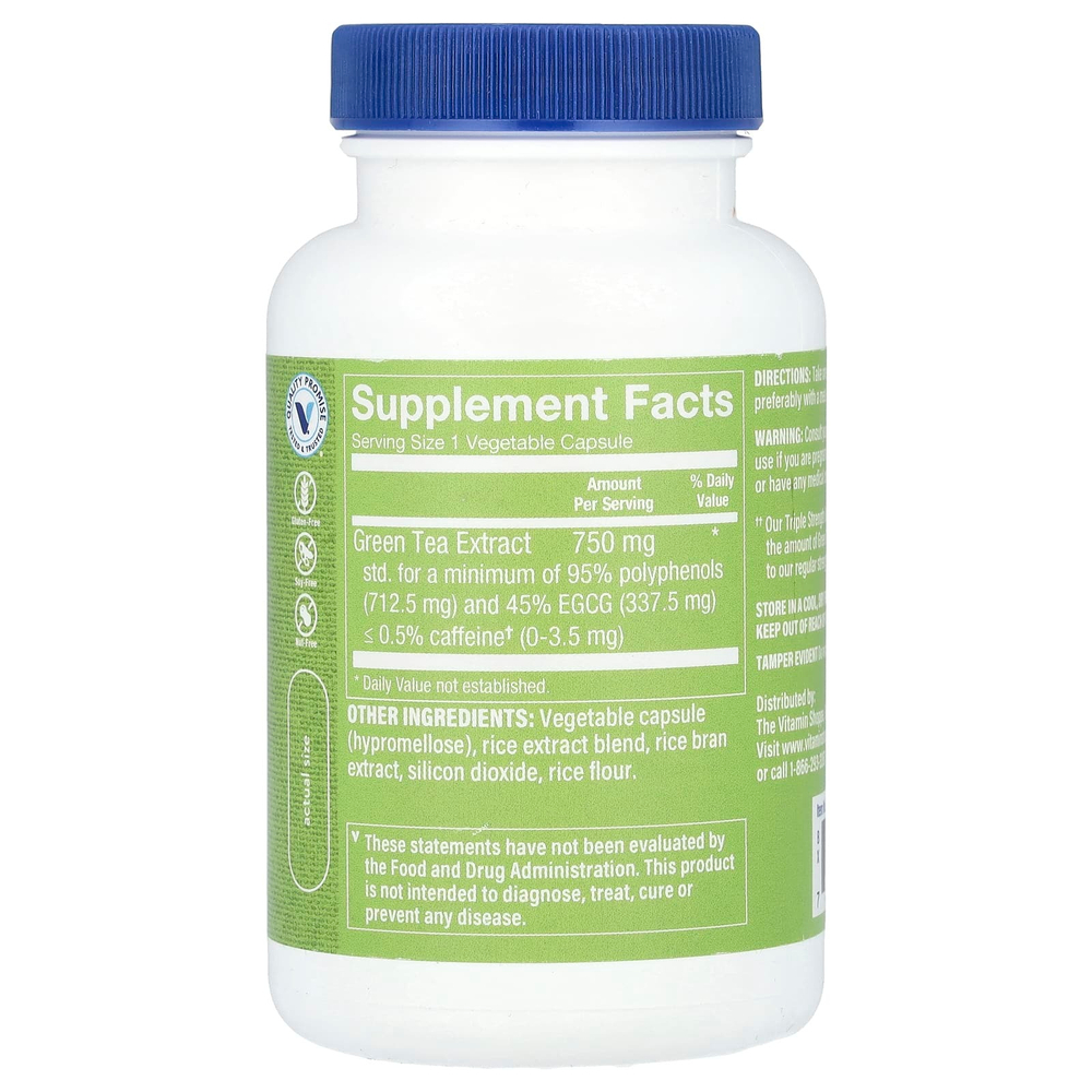 The Vitamin Shoppe, Экстракт зеленого чая, тройная сила действия, без кофеина, 100 растительных капсул (750 мг на капсулу)