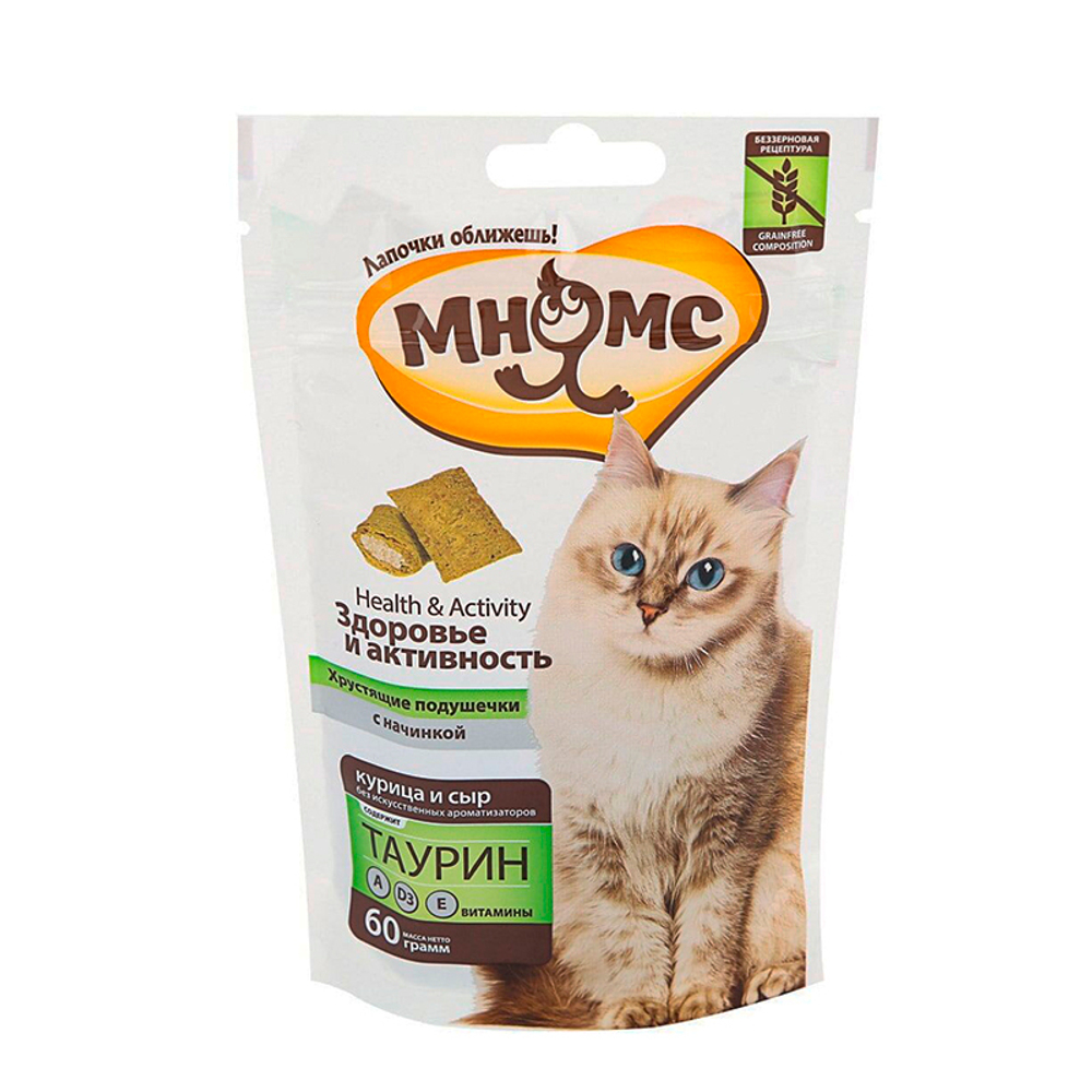Лакомство хрустящие подушечки "Здоровье и активность" с курицей и сыром для кошек, 60 г. Мнямс