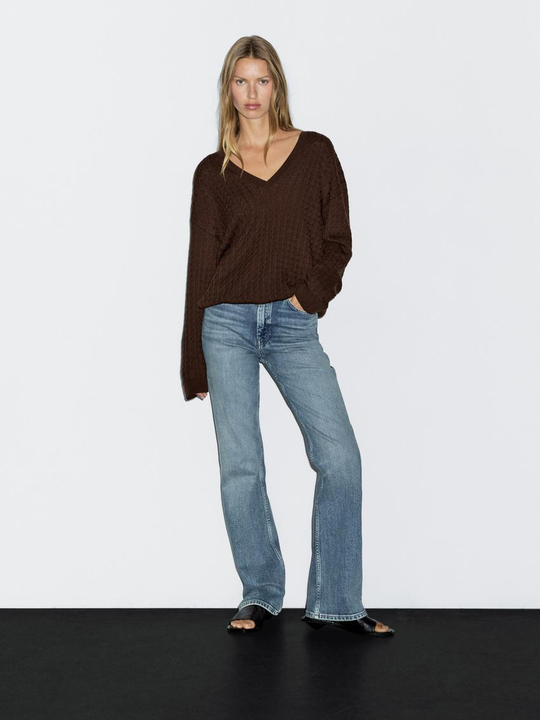 Massimo Dutti Свитер косовой вязки с V-образным вырезом, коричневый