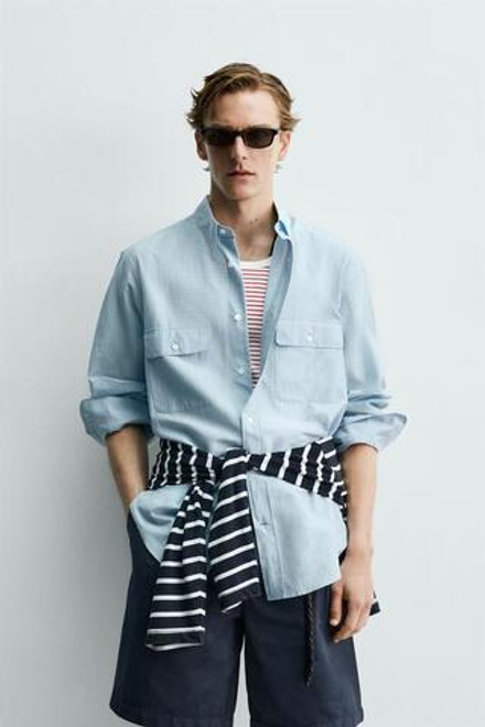 ZARA X AARON LEVINE РУБАШКА СВОБОДНОГО КРОЯ С КАРМАНАМИ, СВЕТЛО-ГОЛУБОЙ