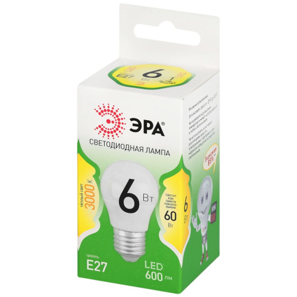 Лампа светодиодная ЭРА GREEN LINE LED P45-6W-830-E27 GL 6Вт шар теплый свет E27 | Лампы cветодиодные Шар (G/P)