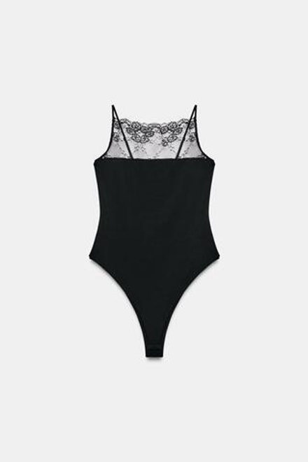 ZARA БОДИ ИЗ ПОЛИАМИДА С КРУЖЕВОМ, ЧЕРНЫЙ