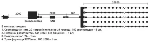 Комплект гирлянд для деревьев 5 лучей по 20 м., 24V., 900 синих LED ламп, черный силикон, Beauty Led (KFT900-2W11-1B)