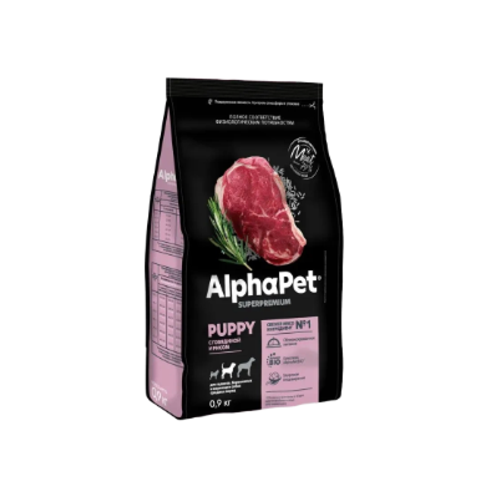 Сухой корм для щенков, беременных и кормящих собак средних пород AlphaPet Superpremium (АльфаПет) 0,9кг с говядиной и рисом