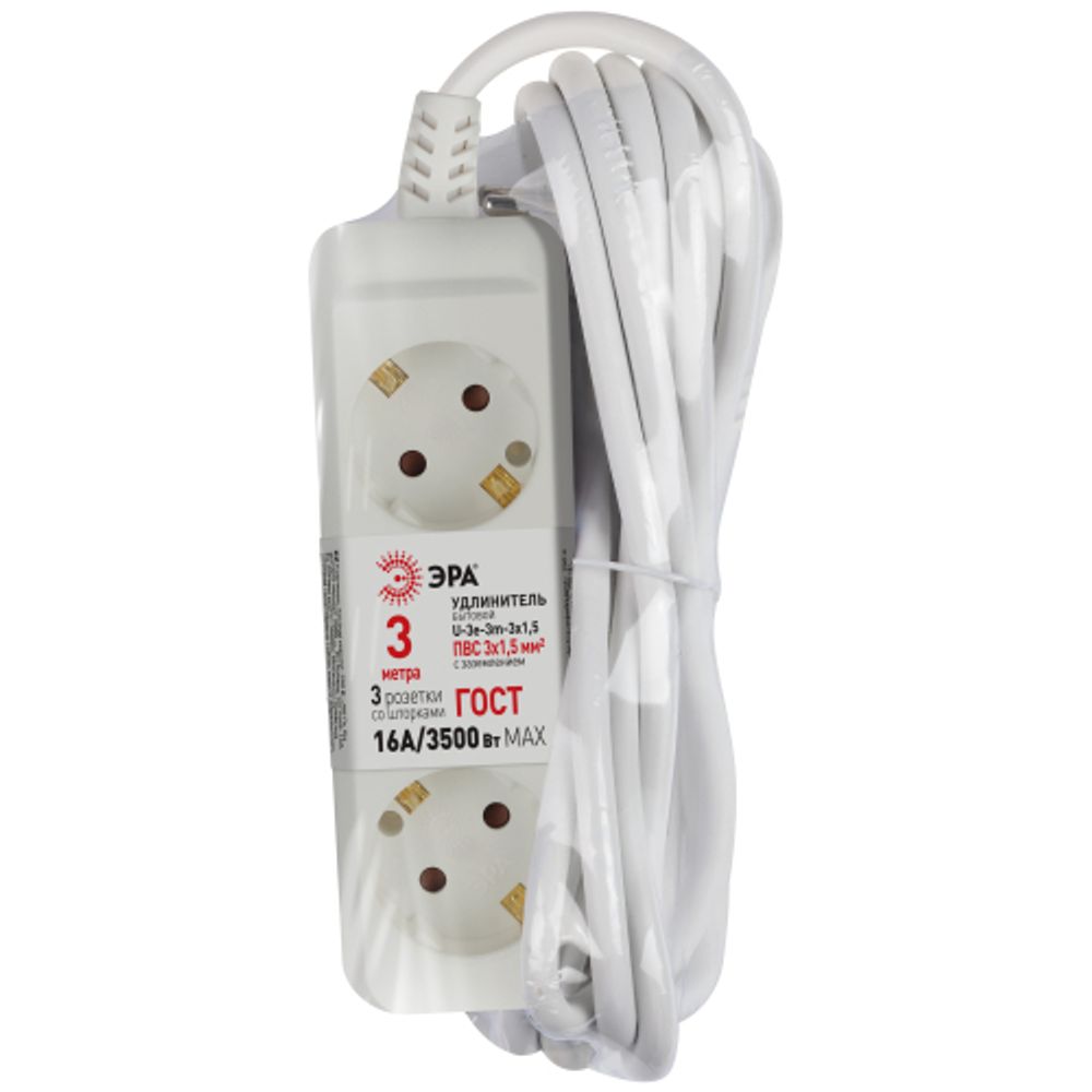 Удлинитель электрический ЭРА U-3e-3m-3x1,5 с заземлением 3 розетки 3м ПВС 3x1,5мм2 16А | Бытовые удлинители