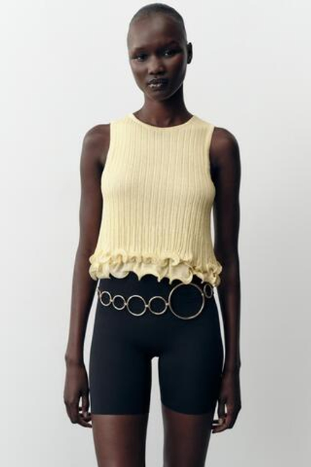 ZARA ТРИКОТАЖНЫЙ ТОП С ВОЛНИСТЫМ НИЗОМ, ЖЕЛТЫЙ
