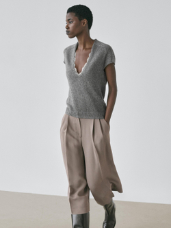 Massimo Dutti Свитер из трикотажа с короткими рукавами и отделкой кружевом, серый