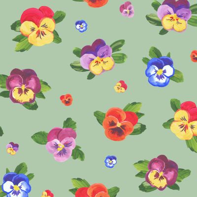 Разноцветные анютины глазки на светло-зеленом