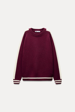 ZARA ТРИКОТАЖНЫЙ СВИТЕР С КАНТАМИ, БОРДОВЫЙ