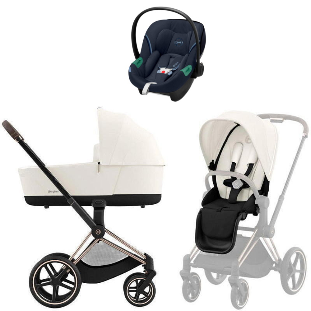 Коляска Cybex Priam IV Rosegold complete Aton S2 Ocean Blue Base One 4 в 1 Off White