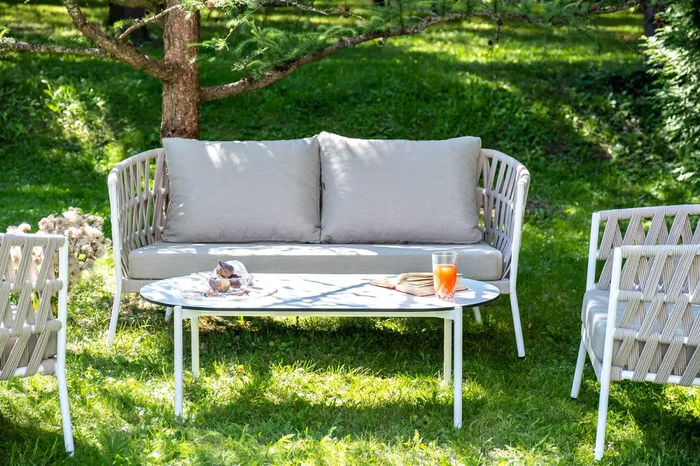 "Диего" лаунж-зона 4-местная плетеная из роупа (веревки), каркас алюминиевый белый, роуп бежевый