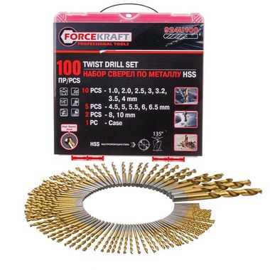 Набор сверел по металлу,100пр.(1,2,2.5,3,3.2,3.5,4-по 10шт,4.5,5,5.5,6,6.5-по 5шт,8,10-по 2шт)в кейсе FORCEKRAFT FK-924U100