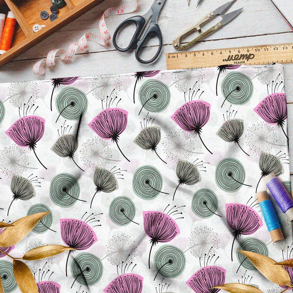 Ткань шифон цветные одуванчики на белом фоне