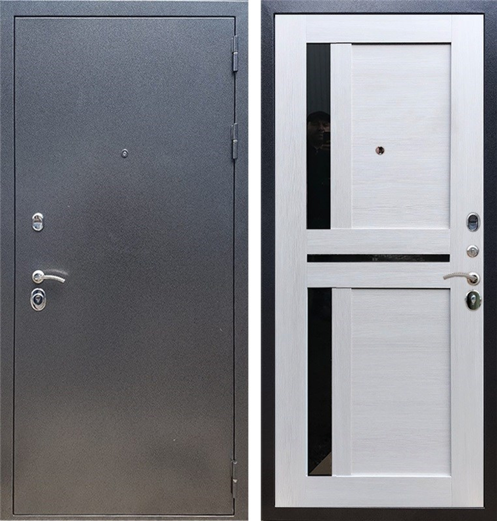 Входная металлическая дверь RеX (РЕКС) 11 Практик Антик серебро / СБ-18 Лиственница бежевая, черные  стекла