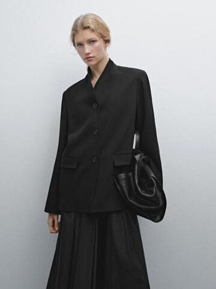 Massimo Dutti Блейзер из крепа с воротником-стойкой, черный