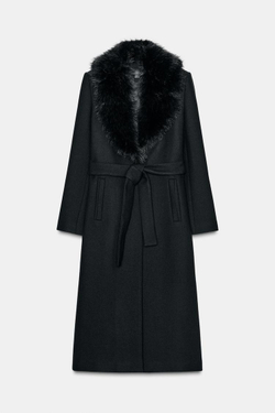 ZARA ПАЛЬТО ИЗ ШЕРСТИ С ЛАЦКАНАМИ ИЗ ИСКУССТВЕННОГО МЕХА И ПОЯСОМ, ЧЕРНЫЙ