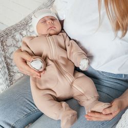 Комбинезон с начесом однотонный бежевый для новорожденных и детей до 1 года, ALARYSPEOPLE