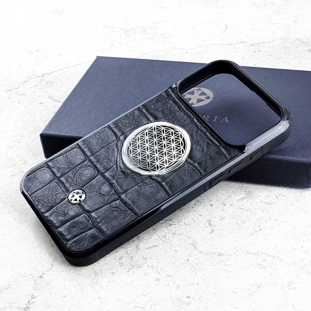 Премиальный чехол iPhone 17 pro max натуральная кожа сакральная геометрия цветок жизни - Euphoria HM Premium