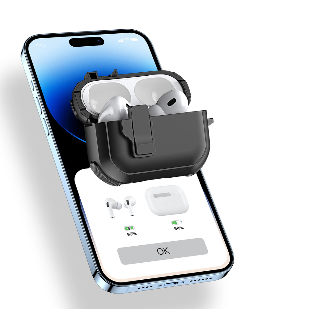 Усиленный чехол черного цвета от Dux Ducis для наушников AirPods 4, серия PECP Series Case, в комплекте с карабином