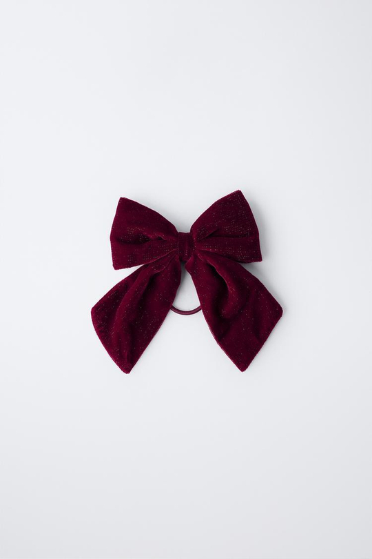 ZARA БАРХАТНАЯ РЕЗИНКА ДЛЯ ВОЛОС С БЛЕСТЯЩИМИ БАНТАМИ, ГРАНАТОВЫЙ