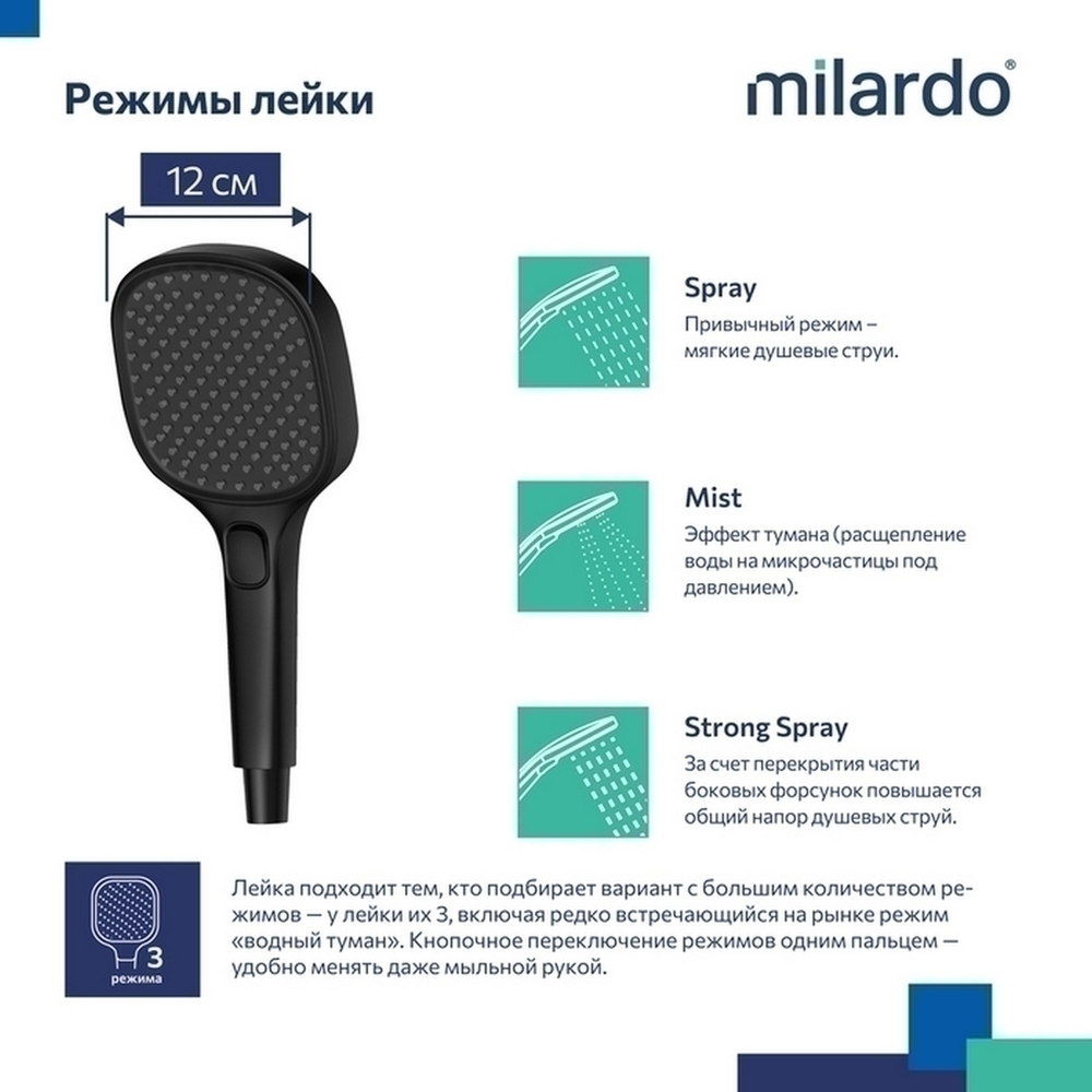 Лейка для душа Milardo ILS3FB0M18 "Ideal Spa" квадрат 120*120, 3 режима, ЧЕРНЫЙ матовый, коробка