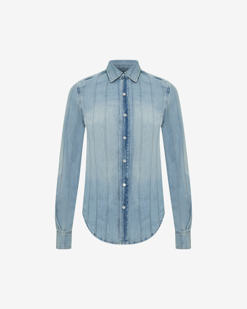 Голубая джинсовая рубашка с потертостями