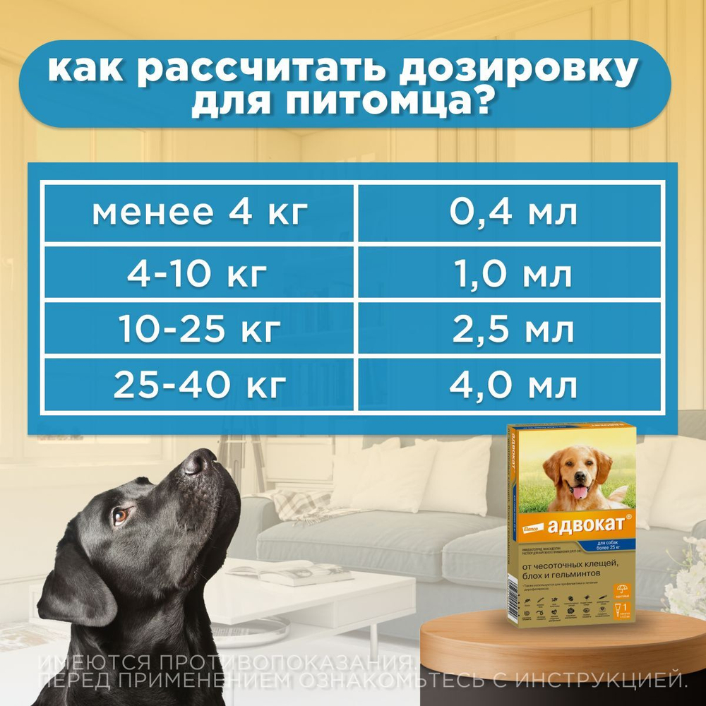 Капли на холку против блох, клещей и круглых гельминтов Elanco Адвокат для собак от 25 до 40кг, 3пипетка