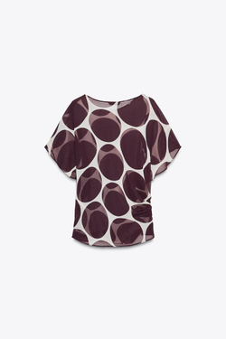 ZARA ПОЛУПРОЗРАЧНЫЙ ТОП В ГОРОШЕК, ЭКРЮ/ГРАНАТОВЫЙ