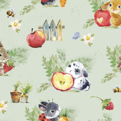 кролики и яблочки в саду акварельный принт