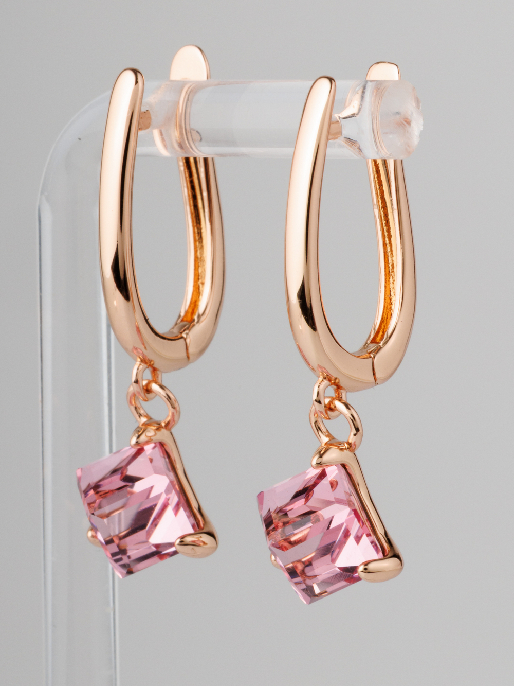 Серьги-подвески Миражи с розовым кубиком Swarovski