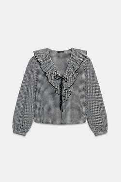 ZARA БЛУЗА В КЛЕТКУ ВИШИ С ВОЛАНАМИ, ЧЕРНЫЙ/ЭКРЮ