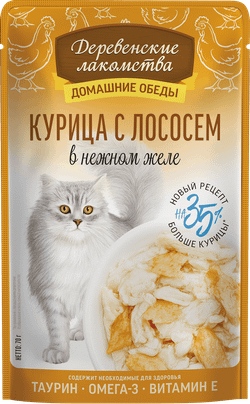 Консервы Деревенские лакомства для кошек "Домашние обеды" курица с лососем в нежном желе - 70 гр
