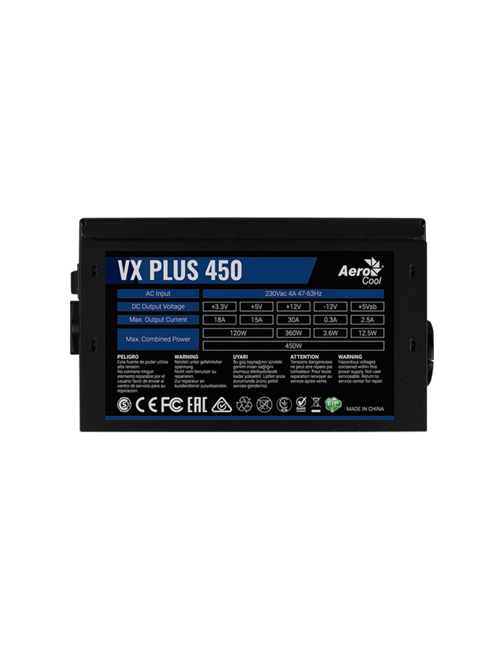 Aerocool 450W Retail VX PLUS 450 ATX v2.3 Haswell, fan 12cm, 500mm cable, power cord, 20+4P, 4+4P, PCIe 6P x1, PATA x2, SATA x2, FDD