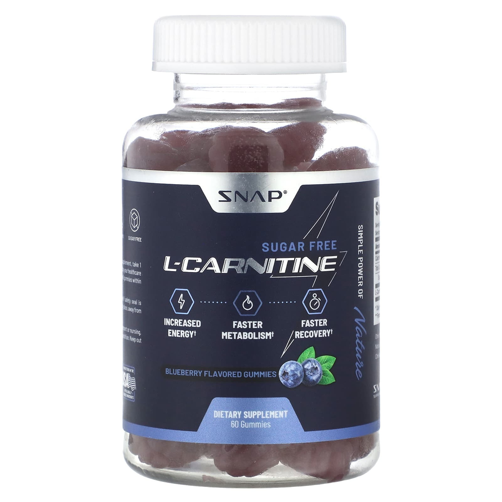 Snap Supplements, L-карнитин, жевательные таблетки, со вкусом голубики, без сахара, 60 жевательных таблеток (250 мг в 1 жевательной таблетке)