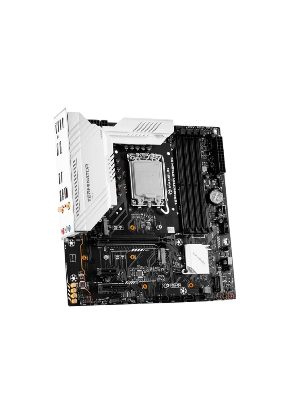 MAXSUN MS-Terminator B760M D5 WIFI 6E (Socket 1700, mATX, 4*DDR5(192Gb), DP/HDMI, 4*SATA3, 3*M.2, 1xPCI-E x16 /1xPCI-E x4/1xPCI-E x1,  6*USB 2.0,  2*USB 3.2 , LAN 1*2.5G, Wi-Fi 6E, BT5.3, RTL)