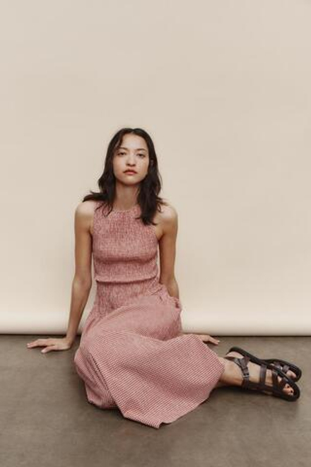 ZARA ПЛАТЬЕ-МИДИ В КЛЕТКУ ВИШИ, БЕЛЫЙ/КРАСНЫЙ