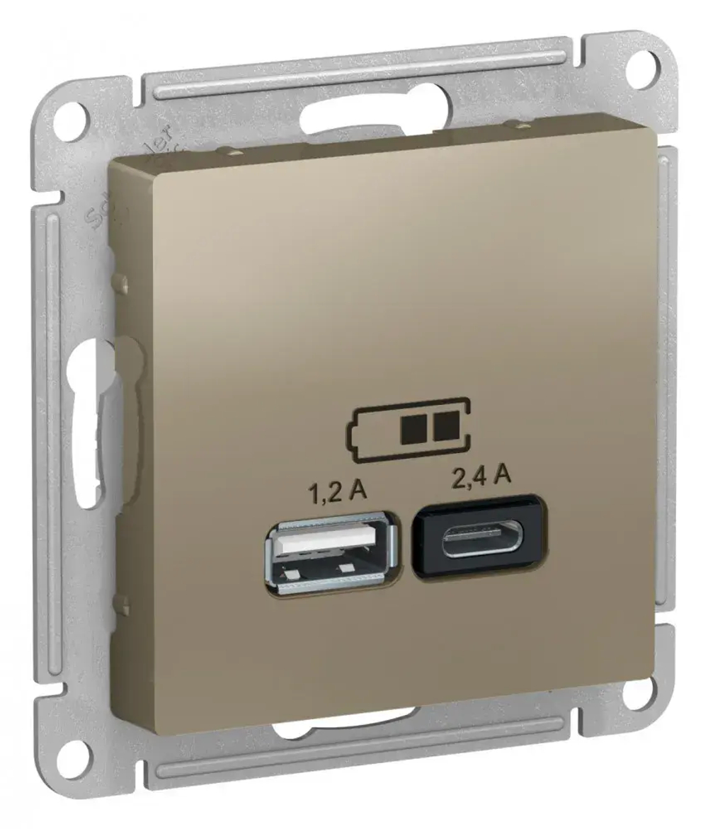 ATLASDESIGN USB РОЗЕТКА А+С, 5В/2,4А, 2х5В/1,2А, механизм, ШАМПАНЬ