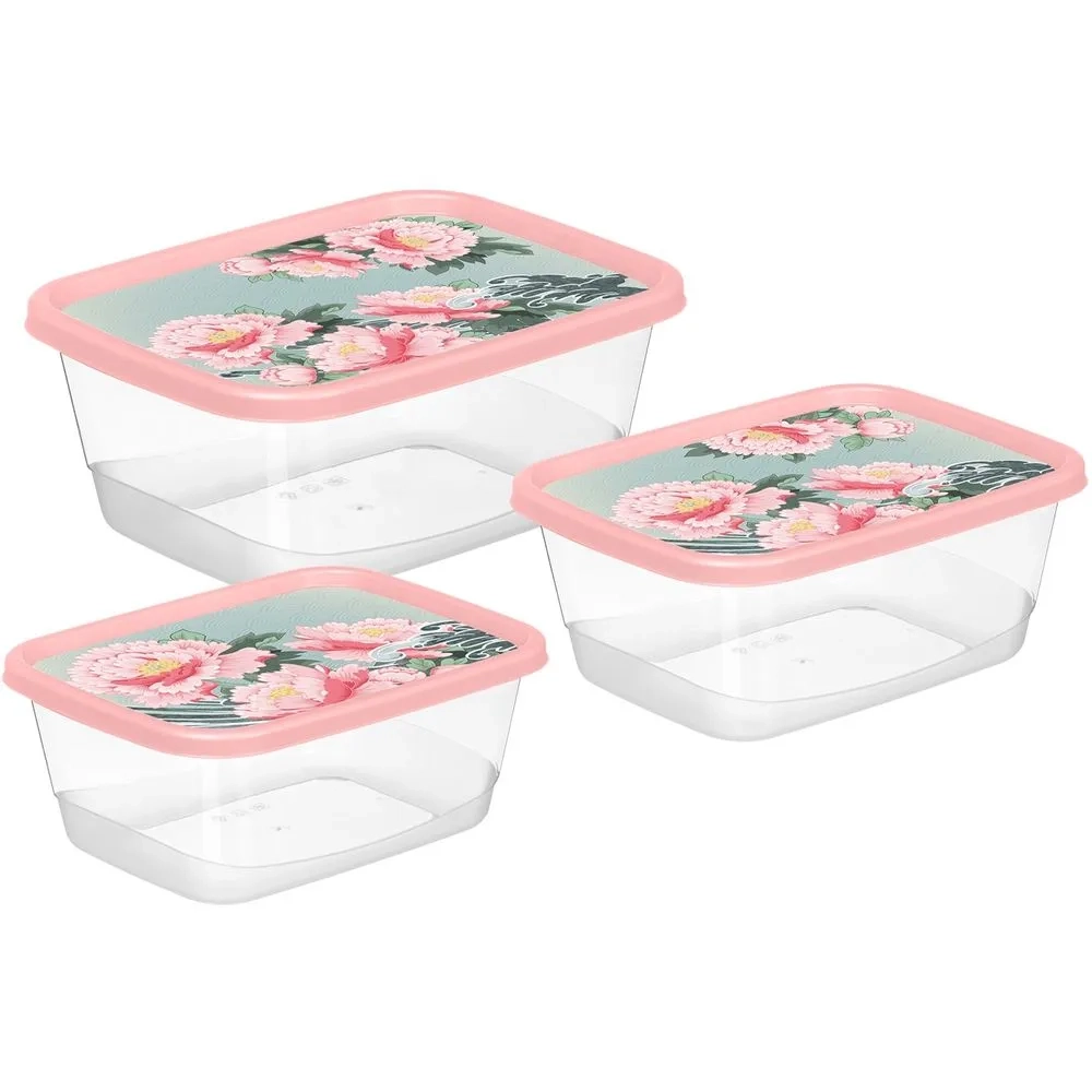 Комплект контейнеров для продуктов прямоугольных 3 шт. (0,5л+0,85л+1,5л) с декором "Сад пионов" (упа