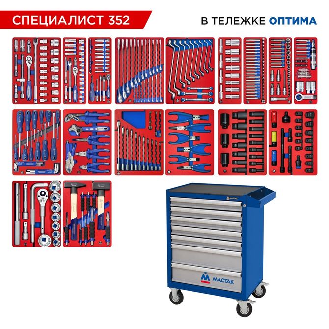 МАСТАК (52-07352B) Набор инструментов 352 предмета, "СПЕЦИАЛИСТ 352", в синей тележке