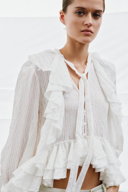 ZARA РУБАШКА С ВОЛАНАМИ ZW COLLECTION, БЕЛЫЙ