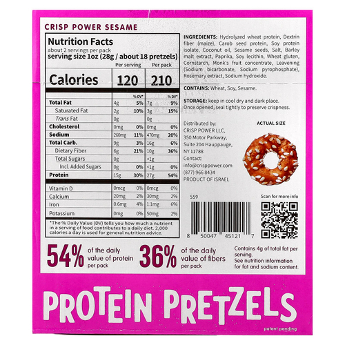 Crisp Power, Протеиновые крендели с кунжутом, 6 пакетиков по 50 г (1,75 унции)