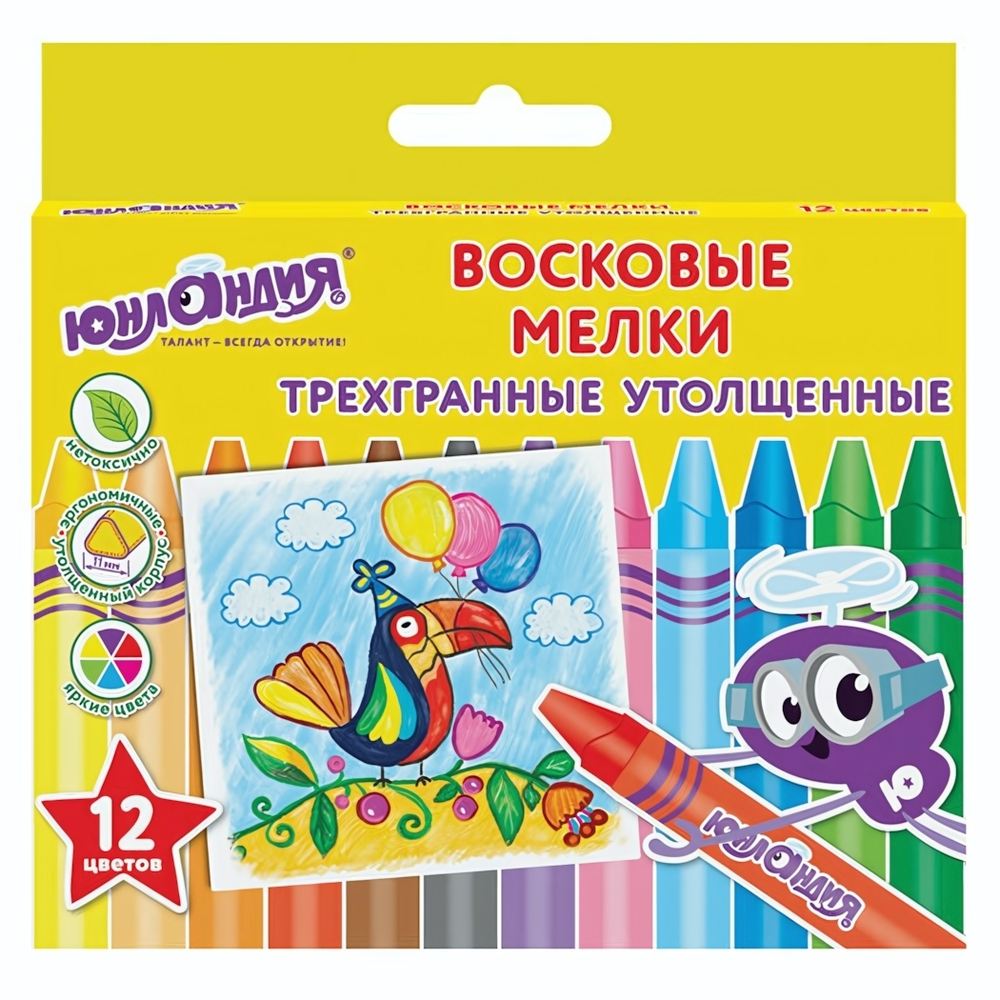 Мелки восковые 12цв. "Юнландик на празднике" трехгранные, утолщенные (ЮНЛАНДИЯ)