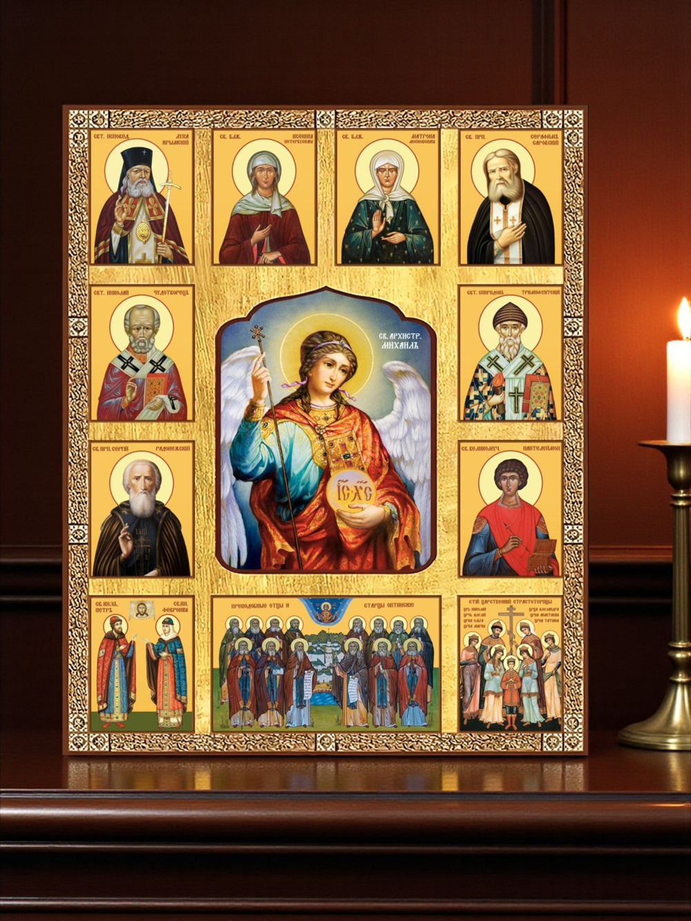 Архангел Михаил с избранными святыми деревянная икона на левкасе