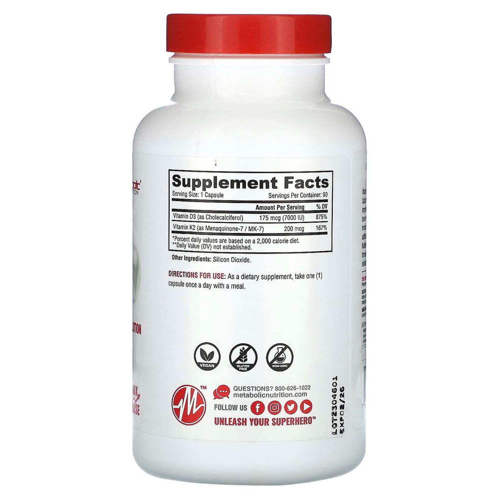 Metabolic Nutrition, Витамин D3 + K2, формула максимальной эффективности, 90 капсул